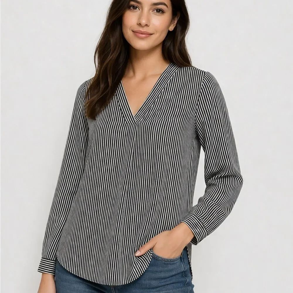 Adrianna Papell Black White Striped V Neck Blouse Womens M Stretch